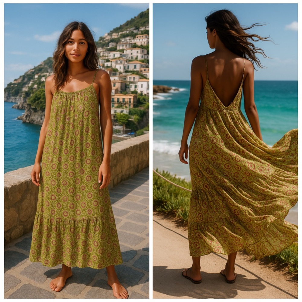 Anthropologie Green Paisley Maxi Dress Boho Flounce Lounge Beach Vacation S NWT